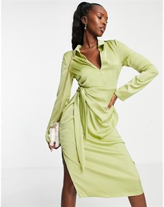Атласное платье рубашка зеленого фисташкового цвета с запахом Naanaa