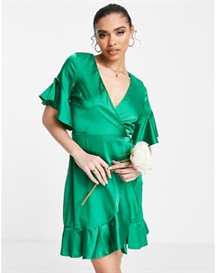 Зеленое атласное платье мини с оборками Ax paris