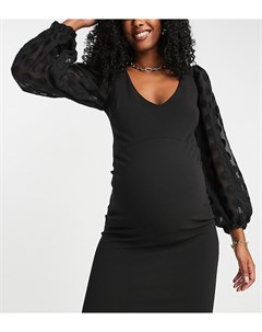 Черное платье миди с глубоким вырезом и рукавами из органзы Maternity Queen bee