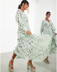Шалфейно зеленое платье миди с V образным вырезом вышивкой ришелье и пышными рукавами Asos edition