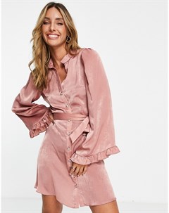 Розовое атласное платье рубашка мини с расклешенными рукавами River island