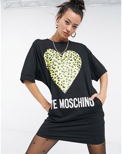 Черное платье рубашка с леопардовым принтом в виде сердца Love moschino