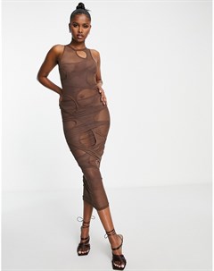 Сетчатое платье макси шоколадного цвета с вырезами на верхнем слое Missy Empire x Aaliyah Ceilia Missyempire