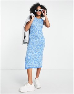Голубое трикотажное платье миди с цветочным узором Asos design