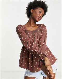 Блузка коричневого цвета с квадратным вырезом открытыми плечами и цветочной вышивкой Influence