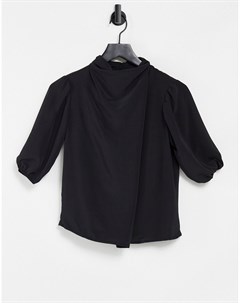 Черная блузка с высоким воротником с драпировкой и короткими рукавами Asos design