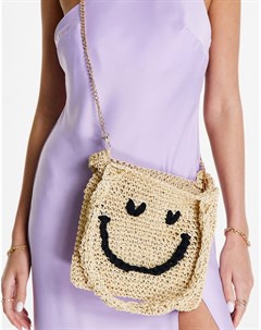 Бежевая соломенная сумка тоут мини с рисунком в виде улыбающегося лица Asos design