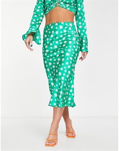 Зеленая атласная юбка миди с цветочным принтом Miss selfridge