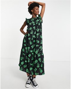 Платье миди с оборками на рукавах и цветочным принтом черного и зеленого цвета Asos design
