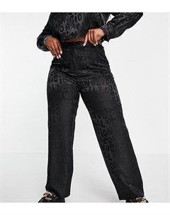 Атласные брюки черного цвета с жаккардовым узором в виде названия бренда Plus Collusion