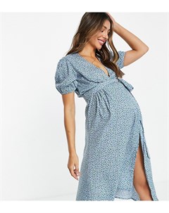 Синее платье миди с запахом и мелким цветочным принтом Influence maternity