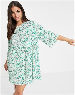 Свободное плиссированное платье мини с мелким цветочным принтом зеленого цвета Asos design