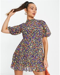 Плиссированное платье мини с высоким воротом пышными рукавами и ярким цветочным принтом Asos design