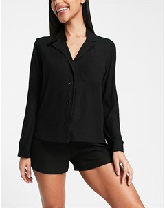 Черная пижама из мягкой ткани в рубчик с рубашкой и шортами Asos design