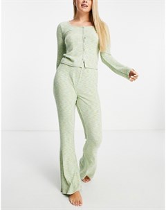 Комплект одежды для дома из лонгслива на пуговицах и брюк зеленого меланжевого цвета в рубчик Asos design