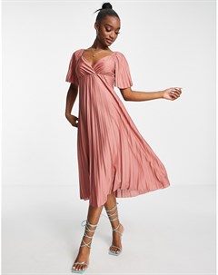 Розовое плиссированное платье миди с короткими рукавами и перекрученным дизайном на спине Asos design