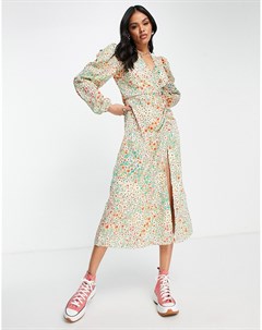 Присборенное спереди чайное платье миди с цветочным принтом и разрезом Ax paris