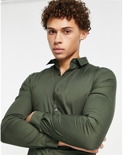Обтягивающая рубашка цвета хаки из поплина с длинными рукавами New look