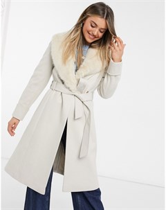 Классическое пальто кремового цвета с отделкой из искусственного меха Miss selfridge