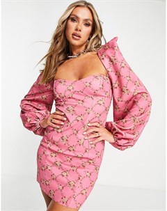 Облегающее платье мини розового цвета с очень объемными рукавами и цветочным принтом Asos design