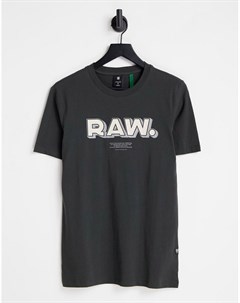 Серая футболка с логотипом надписью Raw и точкой G-star