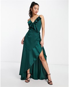 Изумрудно зеленое атласное платье мидакси с запахом и оборками Little mistress
