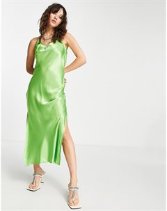 Зеленое атласное платье комбинация миди Topshop