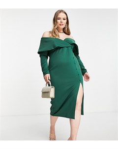 Платье миди темно зеленого цвета с вырезом с открытыми плечами и отворотом ASOS DESIGN Curve Asos curve