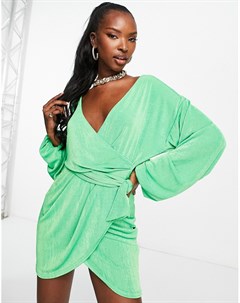 Зеленое облегающее платье из тонкого трикотажа с запахом и пышными рукавами с манжетами Asos design
