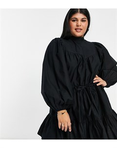 Черное платье мини из хлопкового поплина с расклешенной юбкой складками и кокеткой ASOS DESIGN Curve Asos curve