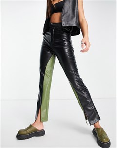 Контрастные брюки из искусственной кожи черного и лаймового цветов Amy lynn