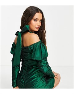 Эксклюзивное изумрудно зеленое платье мини с бантом сзади Collective the label petite