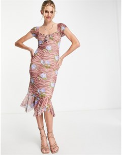 Сетчатое платье миди со сборками завязкой звериным и цветочным принтом Asos design