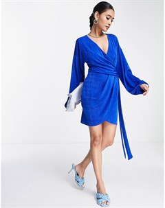 Облегающее платье из тонкого трикотажа цвета синий электрик с запахом и пышными рукавами с манжетами Asos design