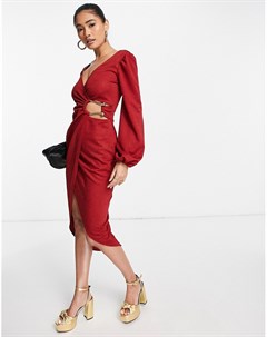Красное платье миди на запахе с длинными рукавами и кольцом Asos design