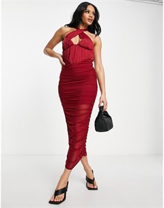 Красное полупрозрачное платье миди со сборками и бретелью вокруг шеи Asos design