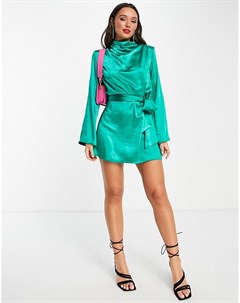 Атласное платье мини изумрудно зеленого цвета с завязкой на талии Pretty lavish