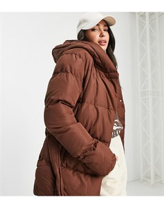 Дутая куртка средней длины с капюшоном и поясом шоколадного цвета Stanley Threadbare tall