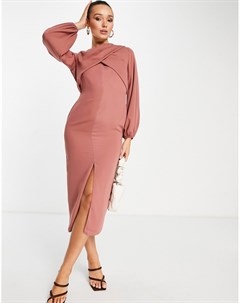 Платье миди с запахом спереди и длинными рукавами розового цвета Asos design