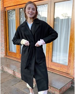Черное пальто макси с заниженной линией плеч и поясом New look