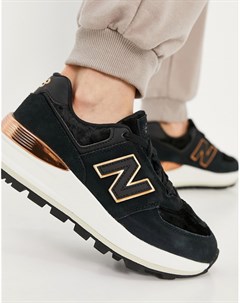 Черные кроссовки на танкетке с отделкой цвета розового золота 574 New balance