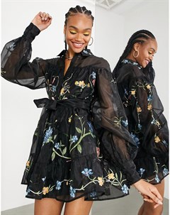 Платье рубашка мини из органзы с цветочной вышивкой Asos edition
