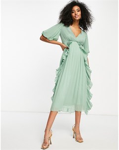 Шалфейно зеленое платье миди из плиссированной ткани с оборками и запахом спереди Asos design
