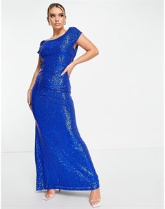 Платье макси кобальтового синего цвета с драпировкой на спине и отделкой пайетками Goddiva