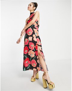 Атласное платье миди из переработанного смесового полиэстера с бретелькой на шее и ярким цветочным п Topshop