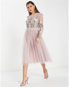 Платье миди светло лилового цвета с декоративной отделкой на лифе и юбкой в складку Bridesmaid Frock and frill