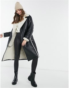 Черное пальто из искусственной кожи с подкладкой из искусственного меха New look