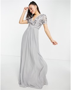 Серебристое платье макси с кружевной отделкой и пышной юбкой Goddiva