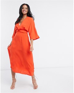 Оранжевое приталенное платье миди с рукавами летучая мышь и перекрутом Asos design