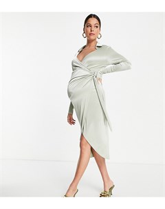 Атласное платье рубашка миди шалфейно зеленого цвета с завязкой на талии ASOS DESIGN Maternity Asos maternity